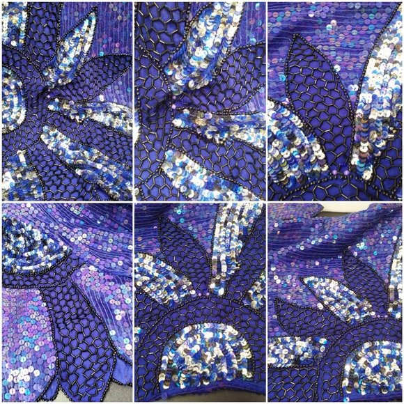 Vintage 80s Stenay India Silk Sequin Blouse Beaded Top Ladies-M Flower Leaf Blue - Picture 9 of 12